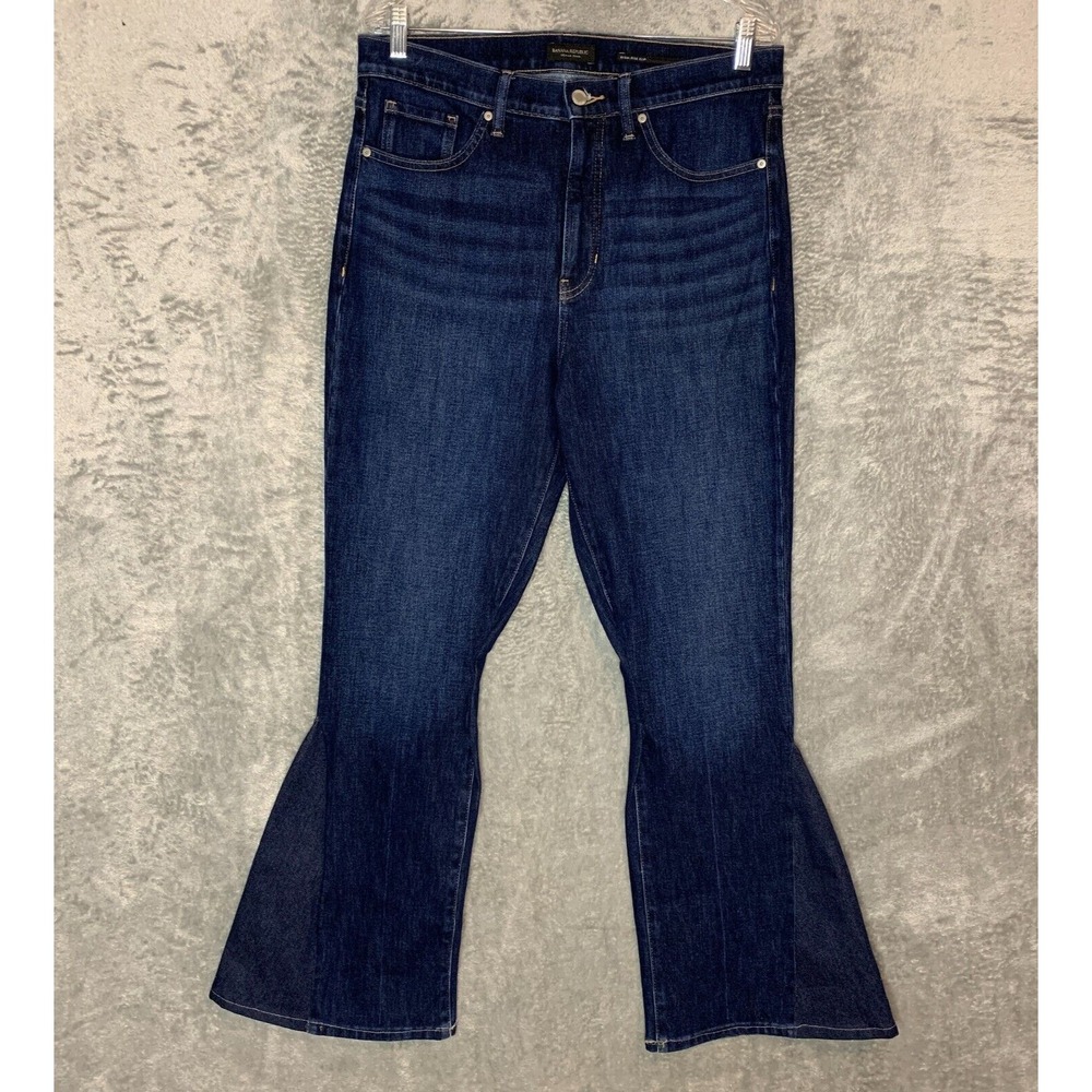 Banana Republic Women Dark Wash High Rise Slim Wide Flare Denim Jeans 32 Long